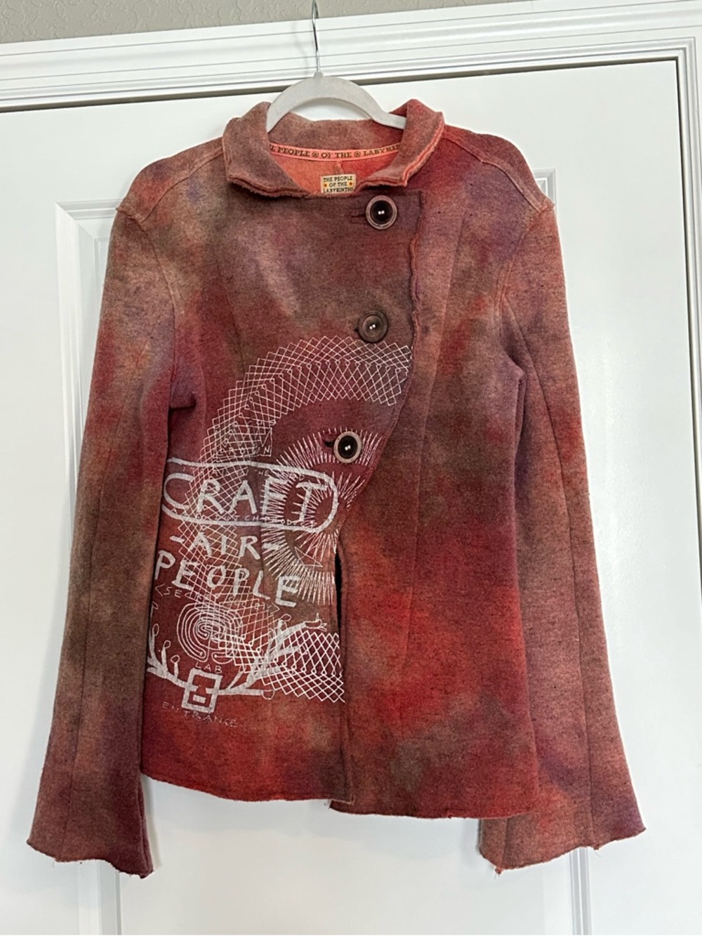 The People Of The Labyrinths wool blend, red and orange mottled-dye jacket